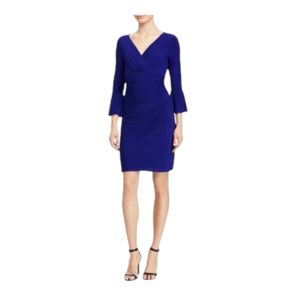 Lauren Ralph Lauren Ruched Dress Shirred Bell-Sleeve Dress Royal Blue Size 12